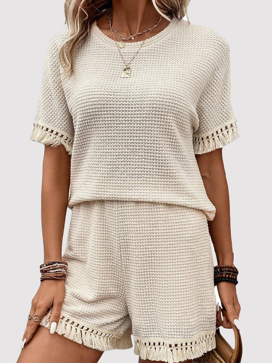 Elegant Plaid Short Sleeve Top and Drawstring Shorts Ensemble