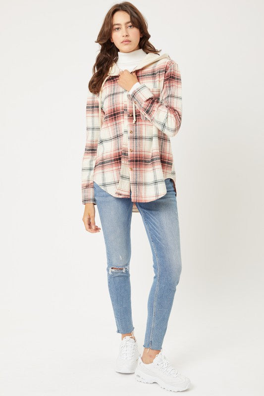Plaid Flannel Button Up Shacket with Hood