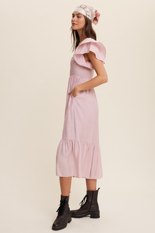 Square Neck Ruffled Short Sleeve Maxi Dress