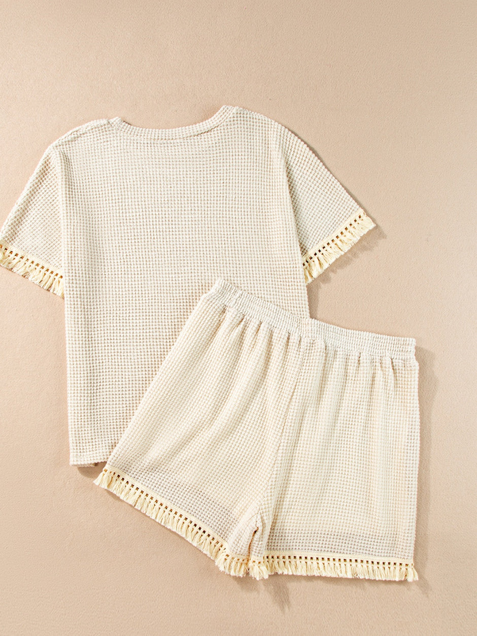 Texture Round Neck Top and Shorts Lounge Set