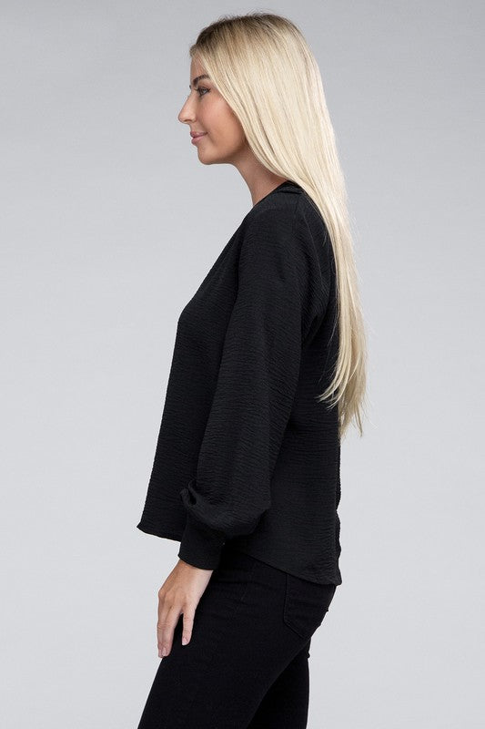 Woven Airflow V-Neck Long Sleeve Top