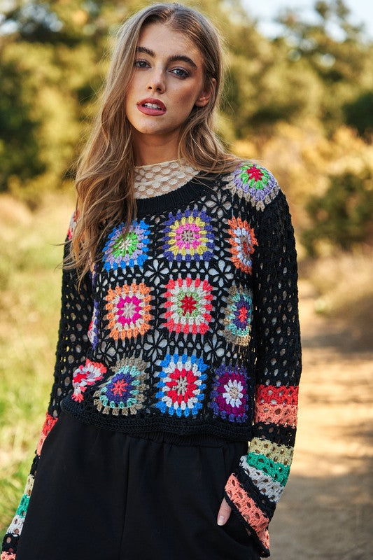 Floral Crochet Striped Sleeve Cropped Knit Sweater