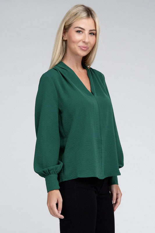 Woven Airflow V-Neck Long Sleeve Top