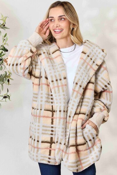 Checked Faux Fur Hooded Jacket